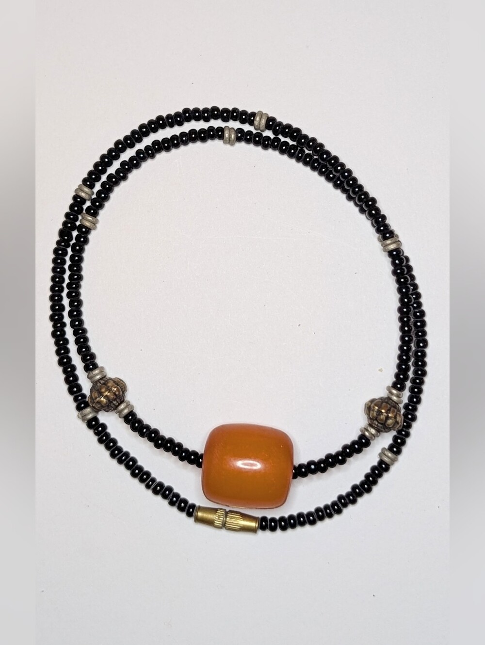 African Artisan Faux Amber Caramel Bead Black Seed Bead Brass Strand Necklace